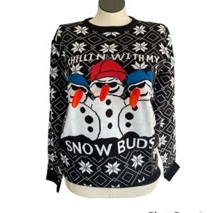 Fair Isle Holiday Sweater Black White Snowflake Snowman unisex Top Sz med